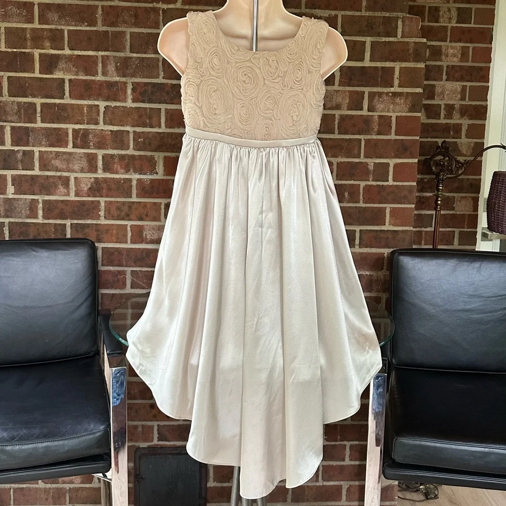 Kid’s Dream Occasion/Flower Girl Champagne Satin Rosette Bodice Dress ~ Kid 9-10